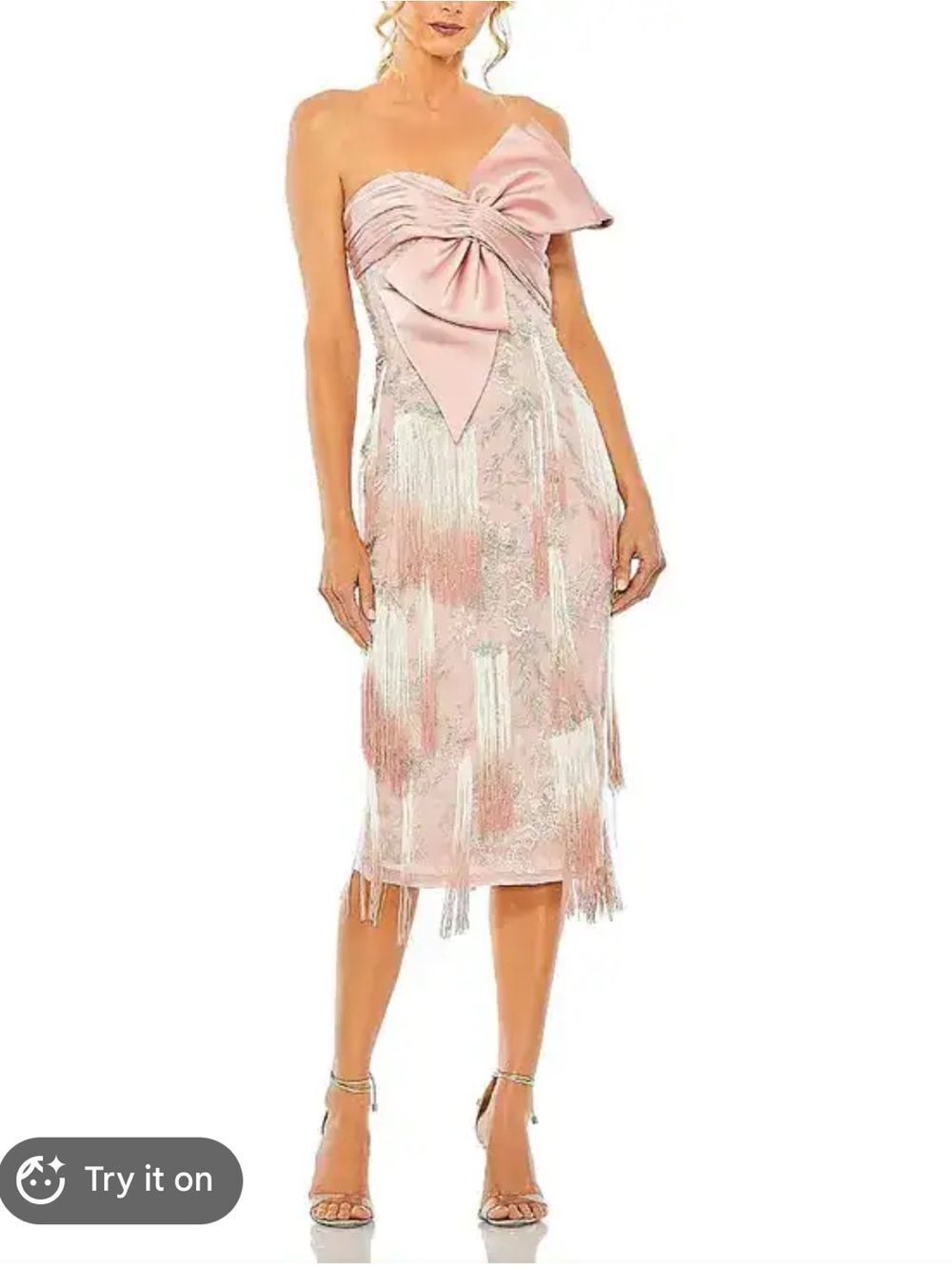 Mac Duggal Strapless Blush Lace Dress with Bow & Fringe